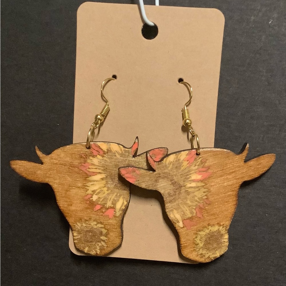 Hand painted Wooden cow earrings with sunflower print